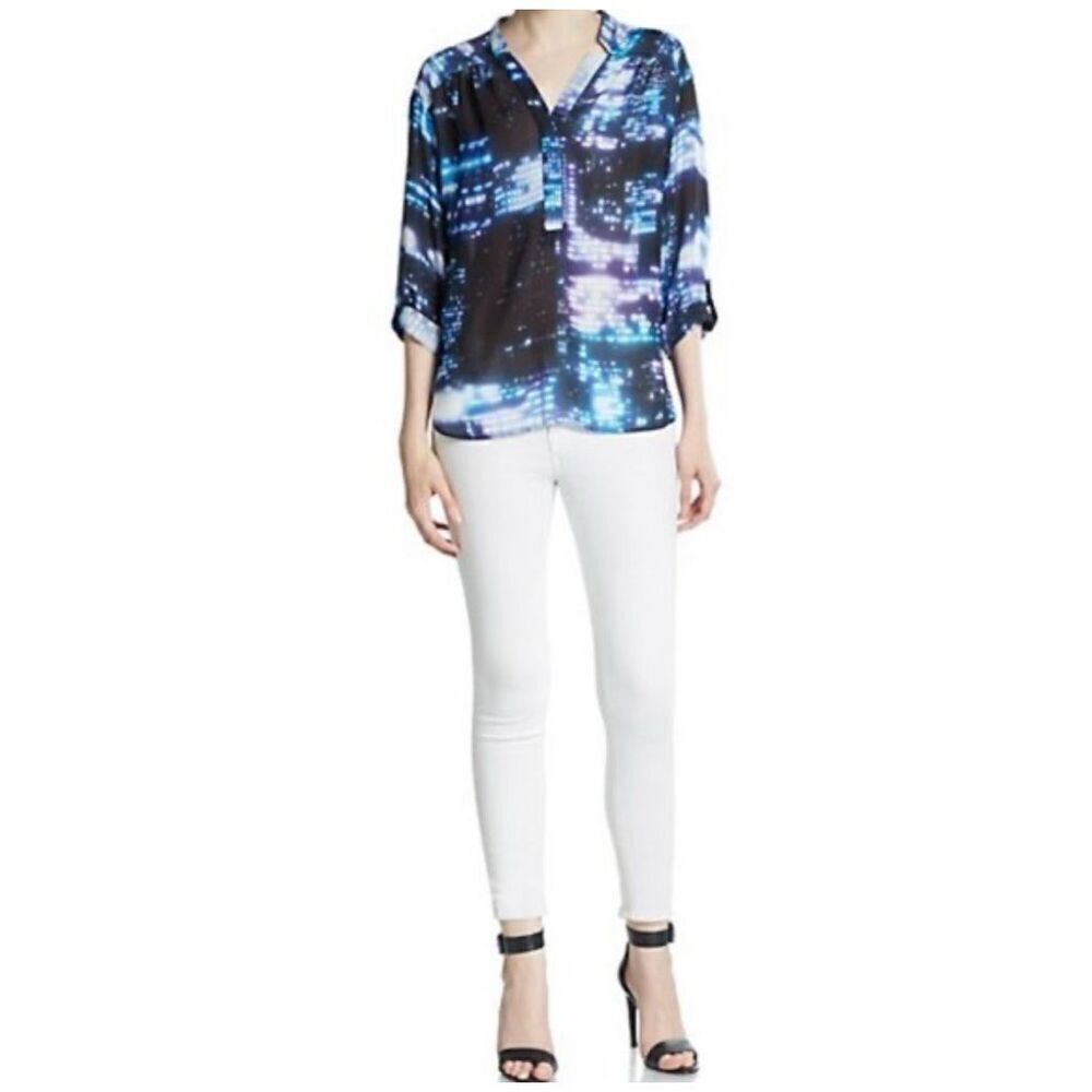 Milly City Scape 1/4 Button Pullover Collarless Blouse Blue Women’s Size 10